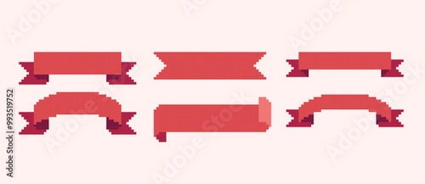 Fototapeta Red ribbon pixel art set. Waving, swirling gift tape collection. Empty banner 8 bit. Game development, mobile app. Isolated vector illustration.
