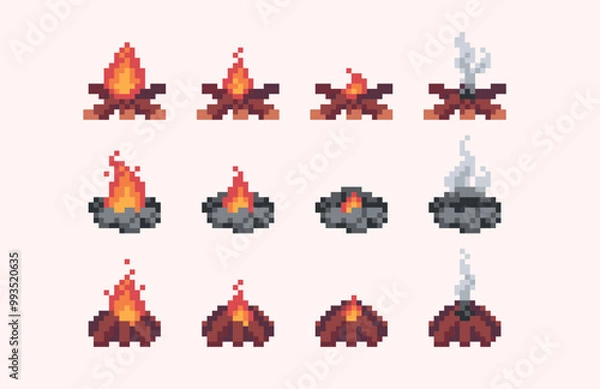 Fototapeta Burning and extinguished camp fire pixel art set. Fading fire pit collection. 8 bit. Game development, mobile app. Isolated vector illustration.