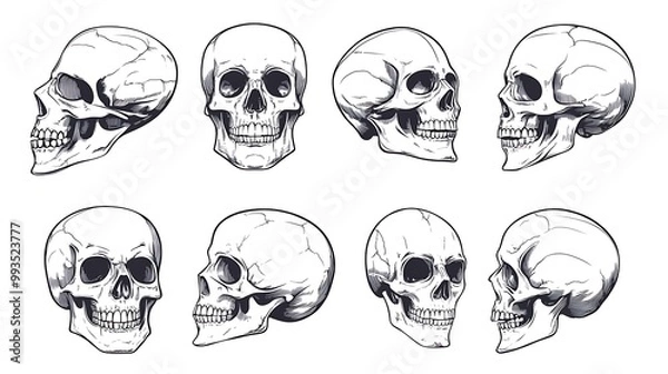 Fototapeta A set of eight detailed line drawings of human skulls, viewed from different angles, including front, side, and three-quarter views. 