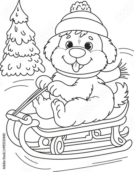 Obraz Coloring page outline of the cartoon smiling cute dog sledding. Colorful vector illustration, winters coloring book for kids.
