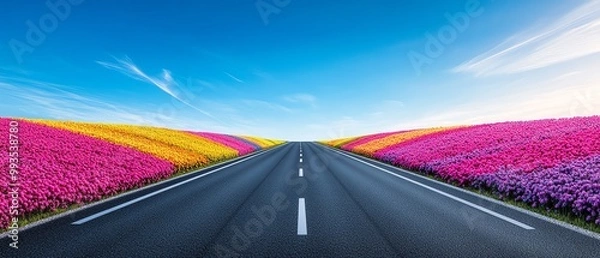 Obraz Vibrant flower fields beside empty road