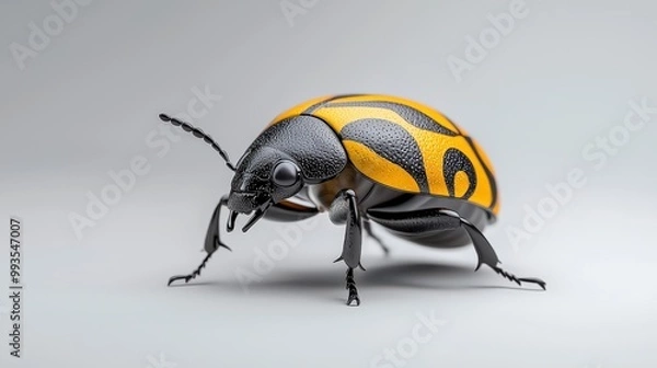 Fototapeta Close-up view of a vibrant black and yellow beetle on a grey background. This striking insect showcases intricate patterns and textures, highlighting its natural beauty.