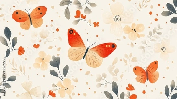 Fototapeta Elegant seamless repeating patterns showcase soft colored butterflies, flowers, and leaves. This minimalist design leaves a lot of blank space between elements