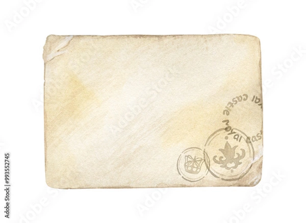 Obraz A vintage watercolor illustration of aged paper with a stamped postal mark. The hand-drawn texture and retro style make it perfect for wedding invitations, greeting cards, or nostalgic letter designs