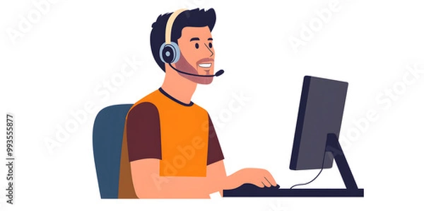 Fototapeta Young man working in customer service wearing a headset flat illustration isolated on background