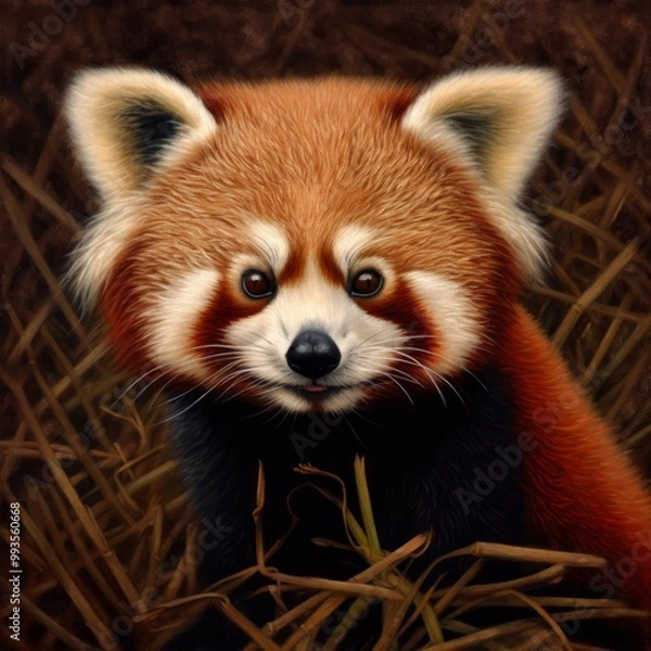 Obraz A close-up of a red panda with expressive features in its habitat.