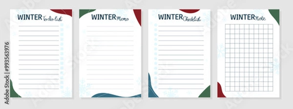 Fototapeta Set of winter sheets with cute wintry pattern. To do list, note, memo, checklist. Vector illustration for agenda, planners, notebooks, cards and other stationery. Layout A5