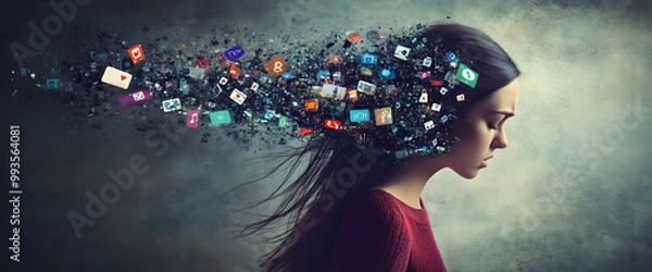 Obraz powerful visual metaphor of social media addiction, with a young woman's head bursting open from the pressure of excessive information.information illustrated by a young woman's brain exploding .