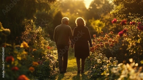 Obraz Elderly European couple taking a romantic stroll through a lush flower-filled garden hand-in-hand