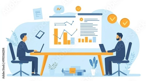 Obraz Finance strategy document with growth metrics, team collaboration, flat vector style, isolated on white background