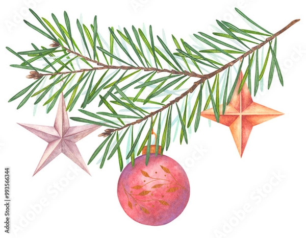 Fototapeta Watercolor hand drawn illustration for Christmas. Illustration of a branch of a coniferous tree decorated with Christmas tree toys in the form of stars. Ideal illustration for Christmas decor.