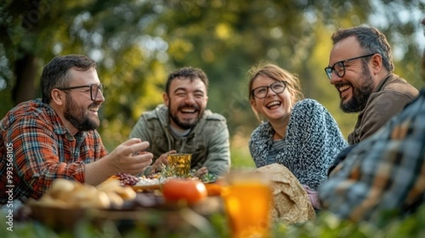 Fototapeta Happy Group of Friends with Down Syndrome Enjoying a Picnic in the Park
