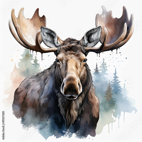 Fototapeta drawing of a moose painted in watercolors