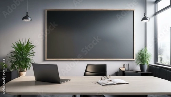Fototapeta Clean empty blackboard with copyspace in a modern corporation office, no people. Pale toned image, scandinavian style furniture.