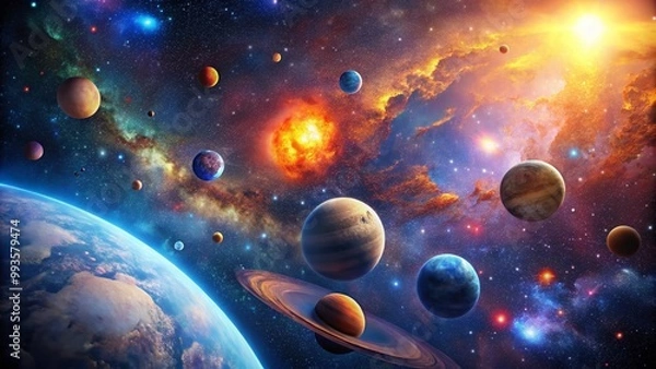Fototapeta Stunning view of celestial bodies in deep space showcasing vibrant colors and intricate formations