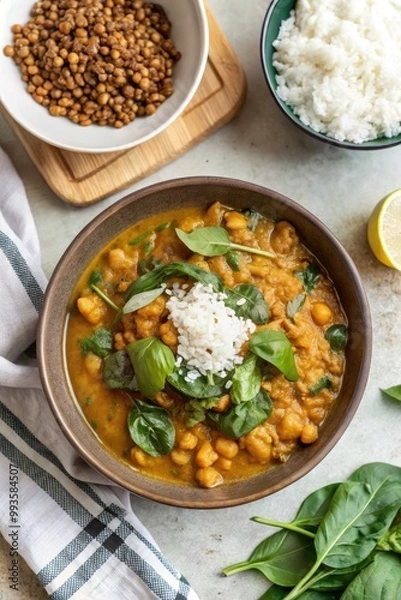 Fototapeta Hearty curry with rice and fresh spinach in a bowl.