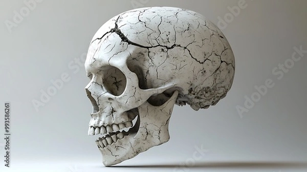 Fototapeta A cracked human skull rendered in 3D, showing both fragility and resilience.