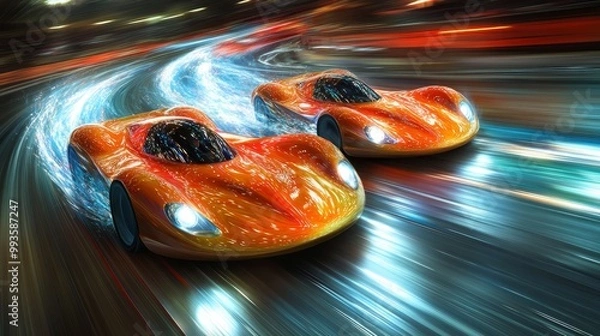 Fototapeta High-Speed Sports Car Race with Floating Rubbles Background - Gen Ai, Illustration