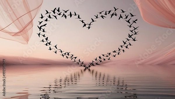 Fototapeta A romantic beach scene with birds flying in the sky and resting on the shore, surrounded by heart-shaped clouds and a summer vibe, symbolizing love and nature