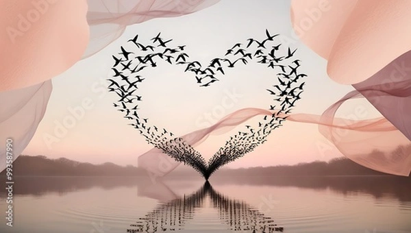 Fototapeta A romantic beach scene with birds flying in the sky and resting on the shore, surrounded by heart-shaped clouds and a summer vibe, symbolizing love and nature