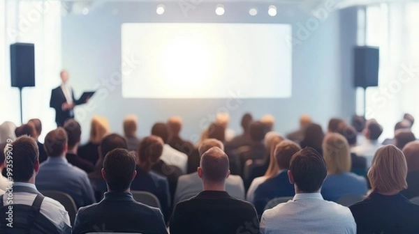 Fototapeta Business and entrepreneurship conference. Presenter delivering a speech at a business event. Attendees seated in the conference hall. Rear view of an unidentifiable audience member.