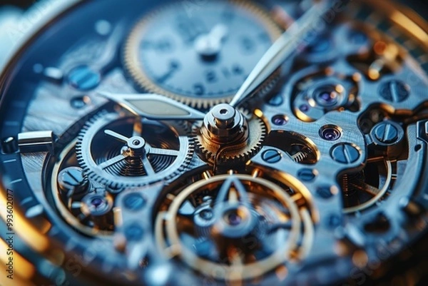 Fototapeta Detailed close up of vintage self winding watch mechanism with hands and dust reflections