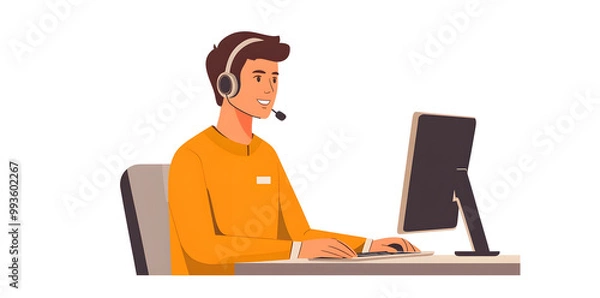 Fototapeta Young man working in customer service wearing a headset flat illustration isolated on background