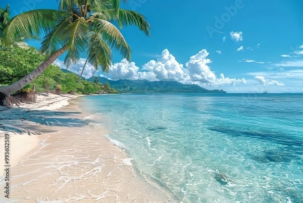Fototapeta Leaning palm tree over serene tropical beach with clear blue waters in rarotonga, cook islands
