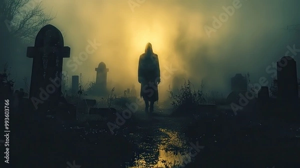 Fototapeta Mysterious Figure in Foggy Graveyard at Dusk