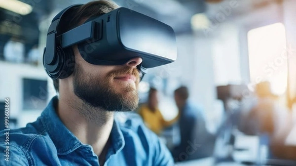Fototapeta Man Engaged in Virtual Reality Experience at Work