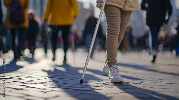 Fototapeta A person using a cane walks through a bustling city on International Disabilities Day in December