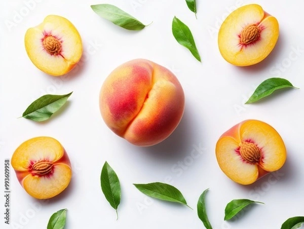 Fototapeta Delicious Peach Surrounded by Fresh Slices and Leaves on a Light Background