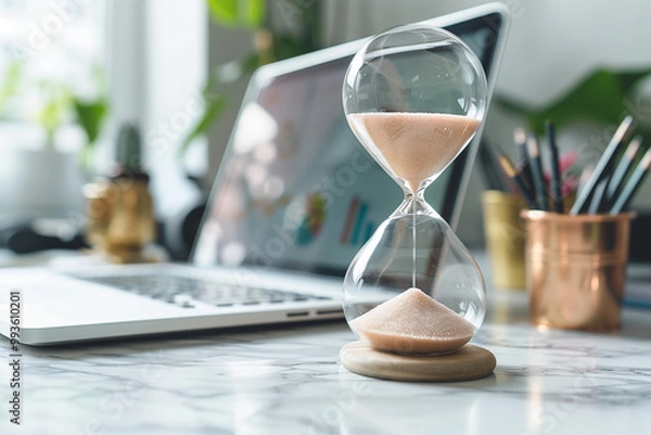 Fototapeta Hourglass on a desk with laptop, time management in workspace
