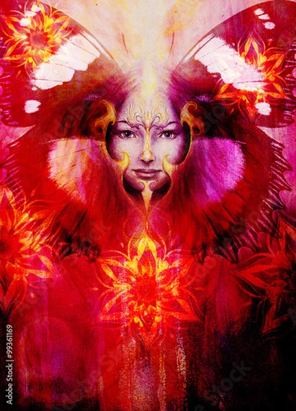 Fototapeta Beautiful Painting Goddess Woman with bird phoenix on your face with ornamental mandala and butterfly wings and color abstract background  and eye contact, copy space.