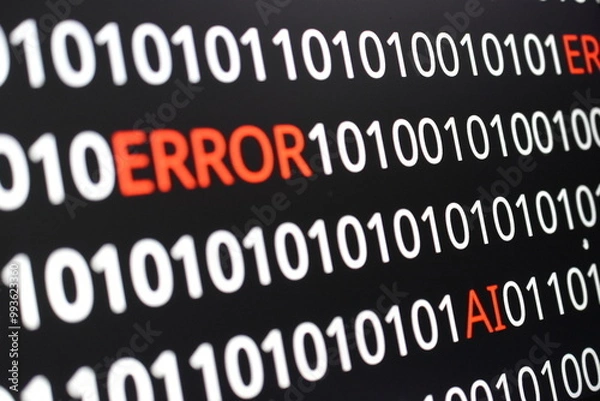 Fototapeta  The image contains binary code lines with the words "ERROR" in red and "AI" in green. The contrast of colors indicates technological issues (error) alongside advancements in artificial intelligence