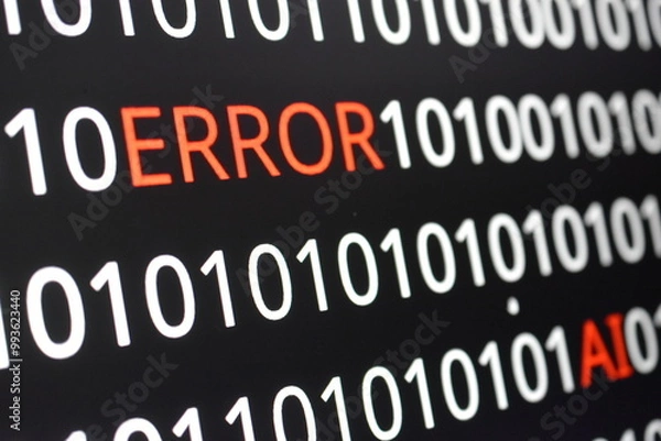 Fototapeta  The image contains binary code lines with the words "ERROR" in red and "AI" in green. The contrast of colors indicates technological issues (error) alongside advancements in artificial intelligence