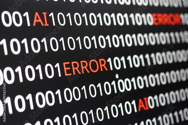 Fototapeta  The image contains binary code lines with the words "ERROR" in red and "AI" in green. The contrast of colors indicates technological issues (error) alongside advancements in artificial intelligence