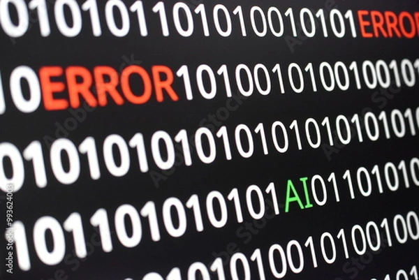 Fototapeta The image contains binary code lines with the words "ERROR" in red and "AI" in green. The contrast of colors indicates technological issues (error) alongside advancements in artificial intelligence 