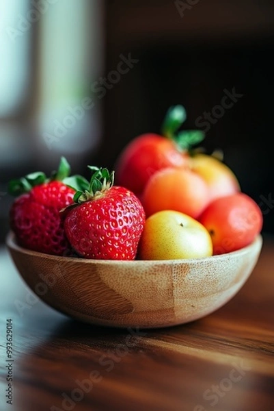 Fototapeta A bowl filled with fresh fruits like strawberries and apples, presented in a wooden bowl on a wooden surface.
