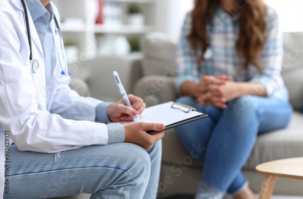 Fototapeta Mental health therapy involves psychologist counseling to help anxiety patients, providing guidance and support to improve mental well-being and recovery.