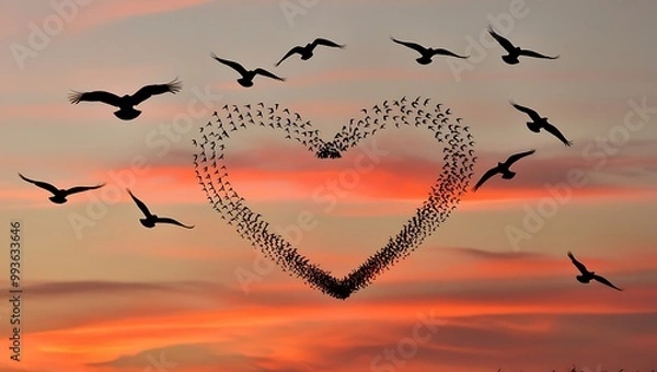 Fototapeta A romantic beach scene with birds flying in the sky and resting on the shore, surrounded by heart-shaped clouds and a summer vibe, symbolizing love and nature