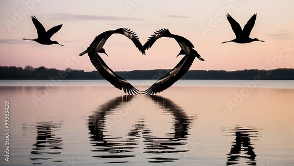 Fototapeta A romantic beach scene with birds flying in the sky and resting on the shore, surrounded by heart-shaped clouds and a summer vibe, symbolizing love and nature
