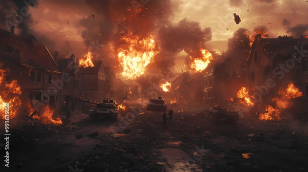 Obraz Generative AI, Civilians Escape the Flames of a Burning Town