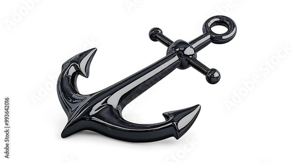 Fototapeta A sleek black shiny metal anchor stands isolated against a pristine white background.