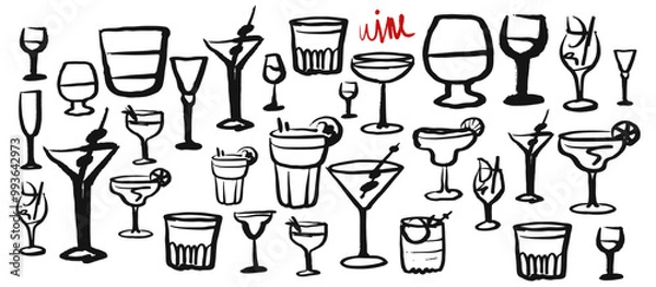 Fototapeta Isolated vector set of wine and alcoholic beverage glasses and tumblers. Hand drawn sketch.Red and black drawing on white background.Cocktails, martini, whiskey, cognac, vodka, gin tonic, beer, brandy