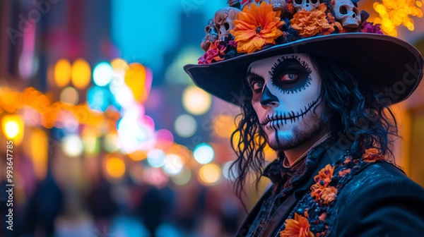 Fototapeta A handsome man with black hair and white face paint, wearing an ornate hat decorated with skulls and orange flowers, posing for the camera in front of Halloween decorations on a ci