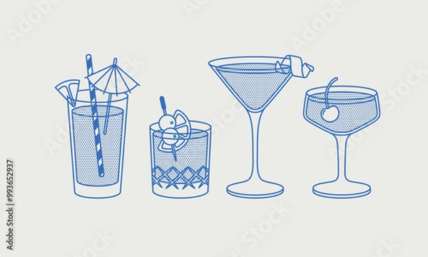 Fototapeta Long Island iced tea, Whiskey sour, Cosmopolitan, and Manhattan cocktails. Line art, retro. Vector illustration for bars, cafes, and restaurants.