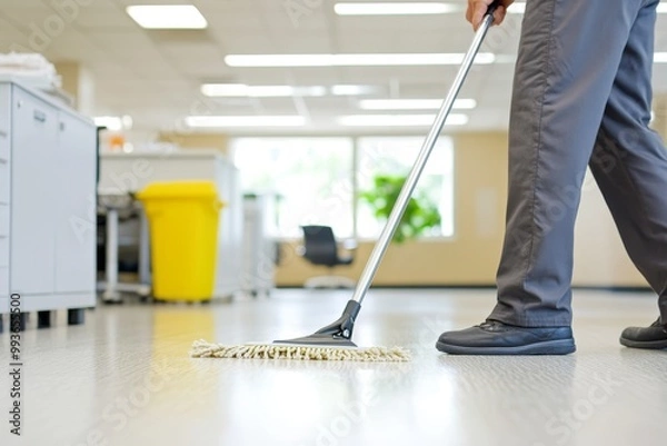 Obraz Man Mopping the Office Floor in Daytime with Studio Lighting