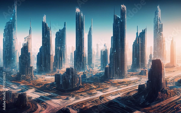 Fototapeta Futuristic city with tall buildings with blue sky with clouds on a desert planet AI generative