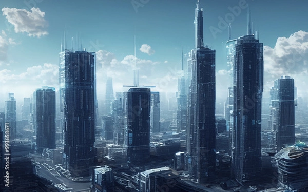 Fototapeta Futuristic Skyline of A City of Tomorrow Under Blue Skies and Rolling Clouds